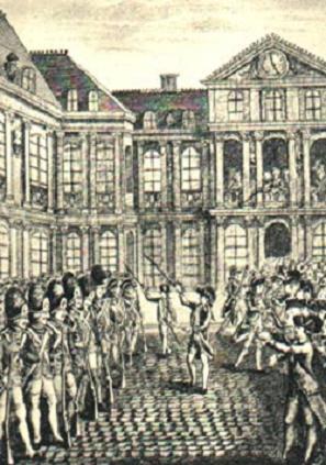 Gardes françaises refusent de tirer sur le peuple le 23 juin 1789 - gravure du temps.JPG