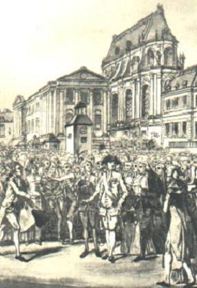 Le Roi revenant au château, après sa visite à l\'assemblée, est acclamé par la foule - le 15 juillet 1789 - Aquatinte de Janinet.JPG